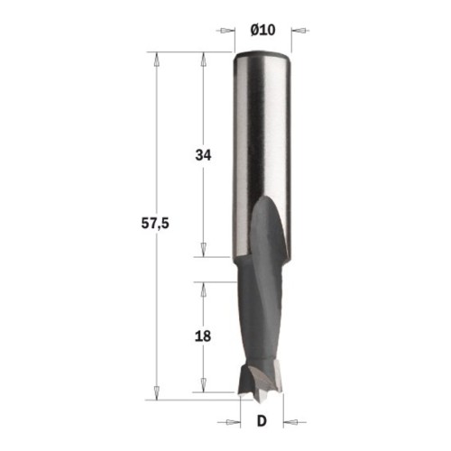 Wiertło nieprzelotowe CMT 361 HM Z2 V2, L 57,5 mm, trzpień 10x34 - D 5-10 mm, RH i LH