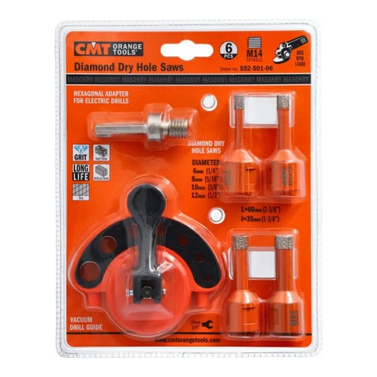 Zestaw otwornic diamentowych CMT 552-501-06 M14 - 6 elementów (Ø6-12 mm, prowadnica, adapter)